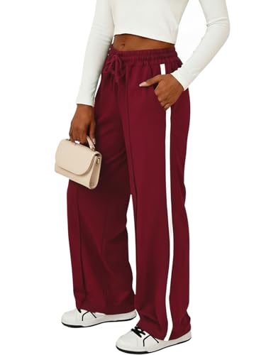 Fisoew Damen Jogginghose Gestreifte Baggy Hosen mit Elasticher Taille und Seitentaschen Kordelzug Sporthose Kontrastfarben Freizeithose Weinrot S