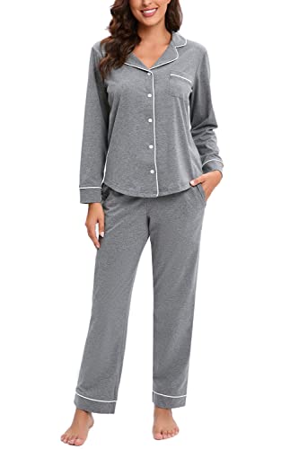 Image of LUBOT 100% Cotton Pajamas for Women PJ Set Soft Long Sleeve Button-Down Shirt 2 PC Set Warm Sleepwear Loungewear Night Suit (Dark Gray, XL)