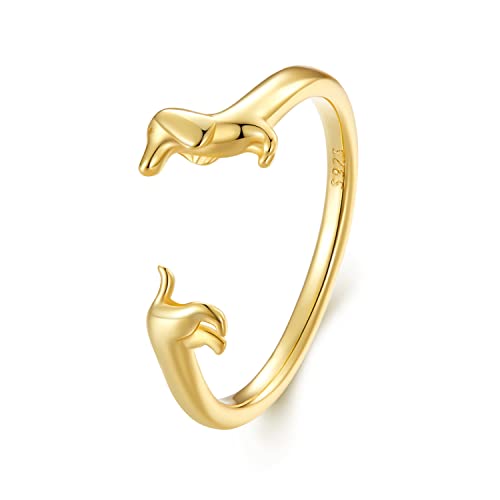 Bague teckel en argent 925 ajustable pour femme - Anneau ouvert chien mignon