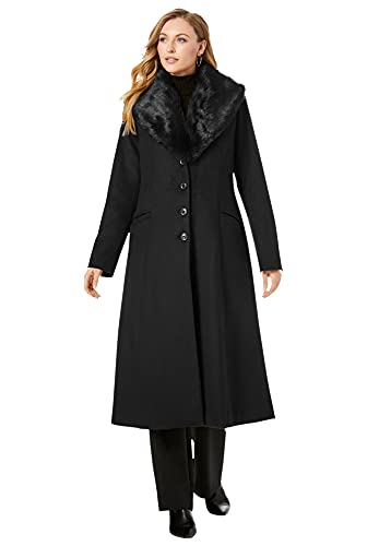 Jessica London Women's Plus Size Long Wool-Blend Coat With Faux Fur Collar