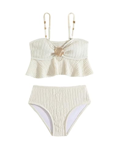 OYOANGLE Girl's Two Piece Metallic Shell Bikini Sets Cut Out Ruffle Top High Waist Hipster Swimsuit