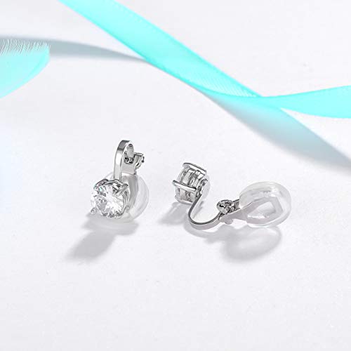 Selovo EH232 Prong Setting 6Mm Round Cubic Zirconia Clip On Stud Earrings Silver Tone thumb #3