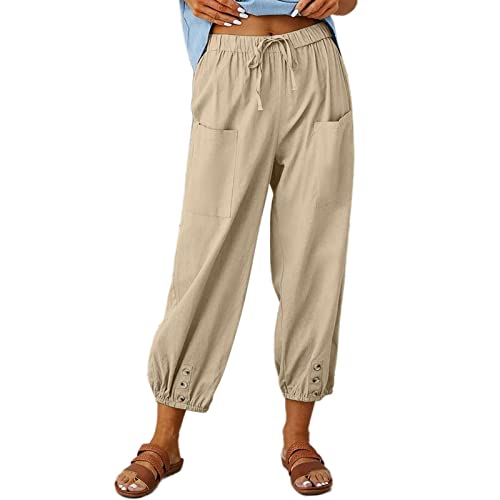 Akivide Cotton Linen Pants for Women High Waisted Drawstring Summer Comfy Flowy Casual Loose Beach Pants with Pockets