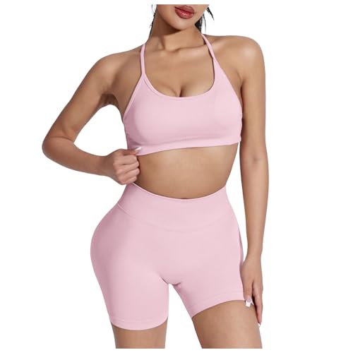 Genérico Conjunto Deportivo Mujer Ropa Deportiva Mujer Gimnasio de Punto Elástico Yoga Tirantes Fitness Ropa Espalda Descubierta Sujetador Combinado Pantalones Cortos Fruncido Deportiva sin Costuras