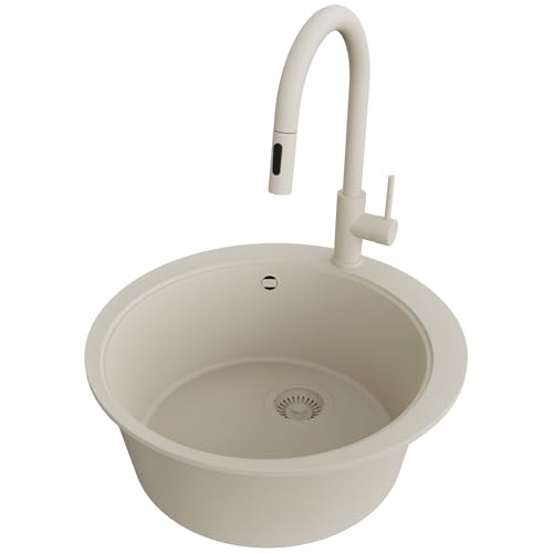 PRIMAGRAN Evier cuisine Granit Rond Tout Beige 53x53cm, Evier 1 bac + Robinet 40x20cm + Kit de Vidage, Lavabo Cuisine au Meuble 50cm - Pise S026