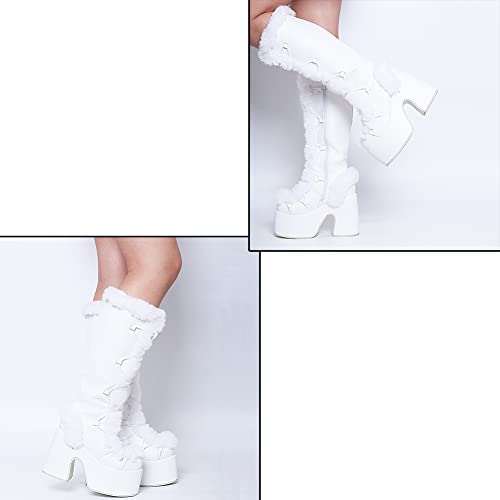 Vimisaoi Womens Mid Calf Boots, Lace Up Zip Block Chunky High Heel Punk Goth Warm Fur Winter Snow Platform Boots #TOP3
