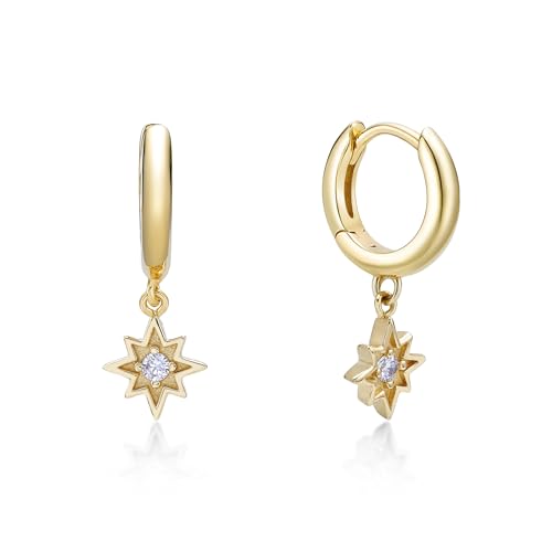 Lavari Jewelers Lab Grown Diamond Star Huggie Hoop Earrings for Women - 18k Yellow Gold Plated 925 Sterling Silver Celestial Charms Earrings for Her (F-G, VS1-VS2, 0.064 cttw) Snap-In Hinged Hoops3