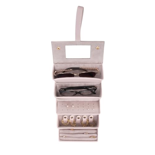 Image of Brouk & Co Leah 5 Eyewear & Jewelry Case - Pebbled Vegan Leather, Foldable Case, Snap Closure, Hanging Loop, Interior Mirror, 5 Compartments: Sunglasses and Jewelry (Pink)