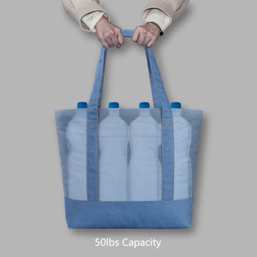 Image of TOPDesign 1-Pack Canvas Tote Bag with an External Pocket, Reusable Grocery Shopping Bag, Top Zipper Closure, Daily Essentials (Medium Blue Demim)