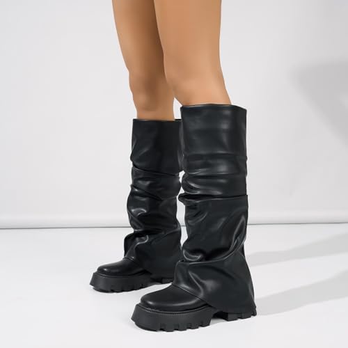 Slouchy Boots for Women, Platform Knee High Fold Over Wide Calf Ruched Shark Boots3