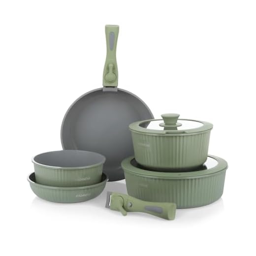 KASANOVA Batteria pentole 9 pezzi Eaziclip, Set pentole induzione con rivestimento ceramico e manici staccabili per uso in forno, Batteria antiaderente con coperchi (Verde)