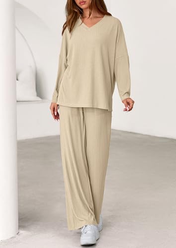 PRETTYGARDEN 2 Piece Lounge Sets for Women Fall Outfits 2025 Casual Loose Long Sleeve Tops Wide Leg Pants Matching Pajama Set