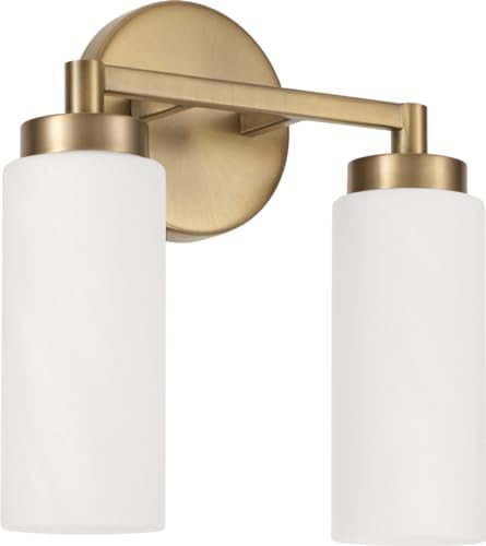Capital Lighting 151721AD Alyssa Art-Inspired Luxe Faux Alabaster Glass Cylinder Bath Vanity Wall Light, 2-Light 120 Total Watts, 12" H x 11" W, Aged Brass