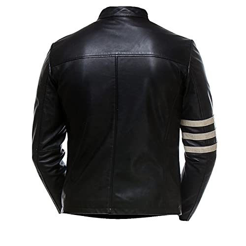 Mens Cafe Racer White Stripes Leather Jacket Classic Casual Biker Slim-Fit3