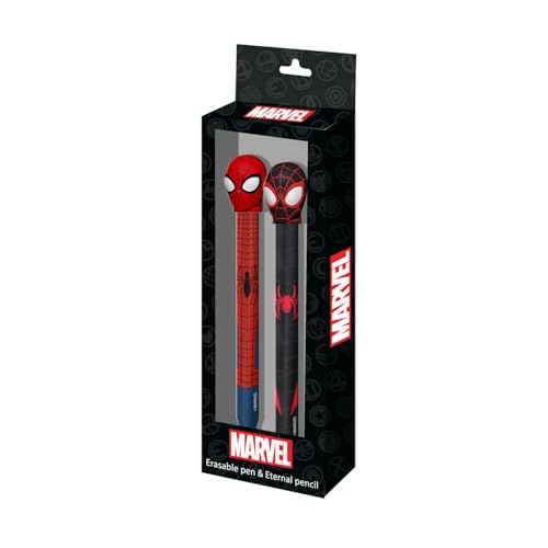 Marvel Spiderman Peter-Pack de Lápiz Eternal + Bolígrafo de Gel Borrable, Negro, 14 x 23 cm