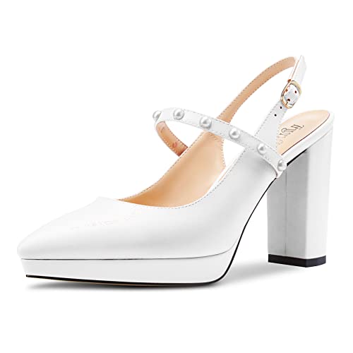 TNYNFBEB Womens Chunky Block High Heel Close Pointed Toe Pumps Ankle Strap Buckle Pearls Party Cute 3.9 Inches Heels