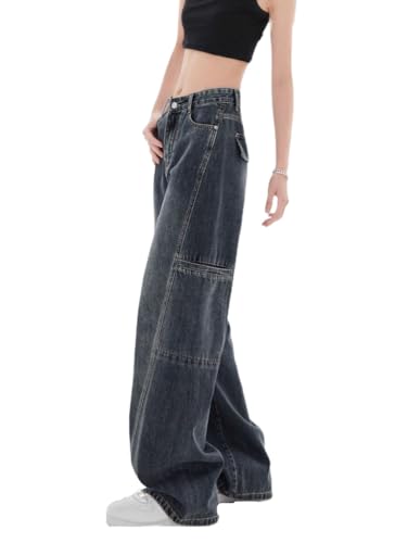 Women's High Waisted Multi Pocket Street Workwear Jeans and Fashionable Wide Leg Straight Leg Jeans2
