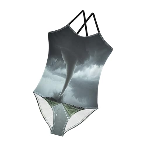 Girls Swimming Suits Beach Bathing Suits Girls 3-10 Y with Adjustable Shoulder Strap, Tornado Storm Black 6