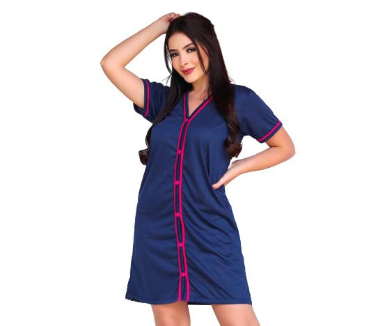 Camisola Adulta Feminina Leve Aberta Botões Conforto (G, Azul)