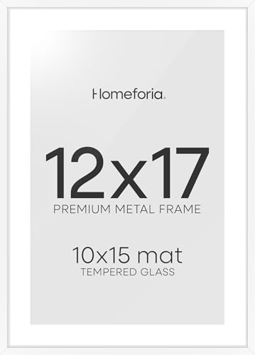 Image of Homeforia 12x17 Picture Frame White, High End Metal 12x17 Poster Frames with Mat 10x15 for Photo, 12 x 17 White Frame Matted to 10 x 15 inch Print, 17x12 Thin Frame, Tempered Glass, Wall Kit, Set of 1