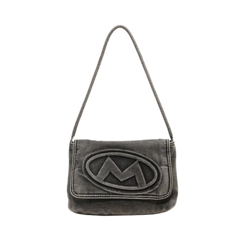 Denim Shoulder Bag for Women Casual Lightweight Retro Handbags with Embossed Pattern for Travel Shopping Daily Use (Black)