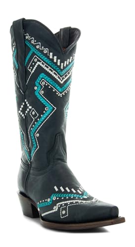 Soto Boots Women's Turquoise Embroidery Snip Toe Cowgirl Boots, Women's Embroidered Cowgirl Boots, Genuine Leather Handcrafted Fashion Cowboy Boots For Women M500634