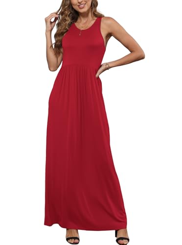 Image of EUOVMY Women's Sleeveless Dress Casual Plain Loose Summer Long Maxi Dresses with Pockets