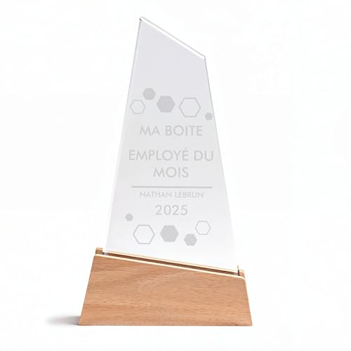 KDO MAGIC - Trophée Personnalisable - Coffret Cadeau Inclus - Trophée Verre personnalisé - Texte, prénom ou Date gravé - Triangle Bois - Anniversaire, Employé du...