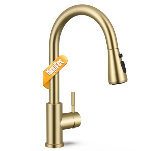 Hiqufet Kitchen Tap Kitchen Mixer Taps with Pull Down Sprayer Stainless Steel High Arc Single Handle Kitchen Sink Tap for Pot Filler Brushed Gold