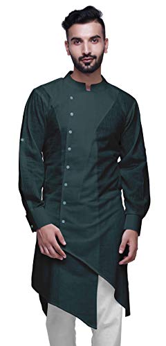 Image of Atasi Mandarin Collar Mens Kurta Shirt Solid Cotton Flex Long Kurta for Boys, Teal Green, 4X-Large