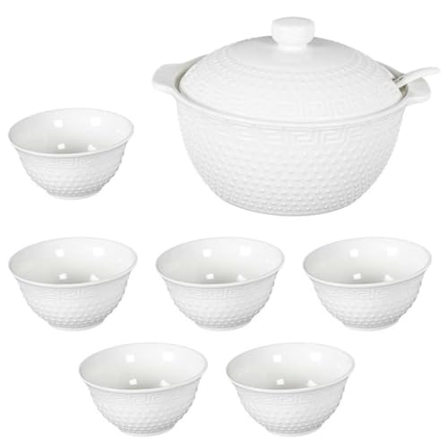 AltoBuy Service à Soupe en céramique Blanche avec soupière (2,7 L), louche et 6 Bols (25 cl)
