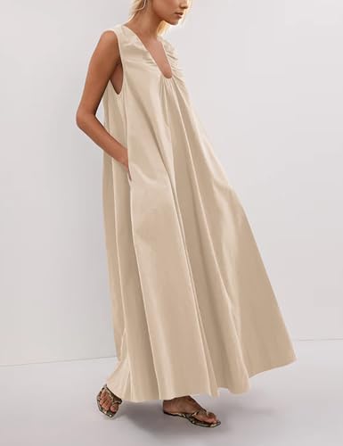 Image of Women Sleeveless Ruched Maxi Dress Scoop Neck Long Elegant Dresses Wide Shoulder Strap Blouse Dress with Side Pockets