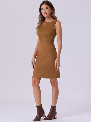 Allegra K Faux Suede Dress for Women's Boat Neck Sleeveless Sheath Dresses4
