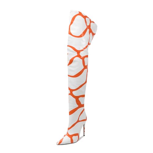 Image of Thigh high boots for women striped Back zipper Burgundy Zebra Print Over the knee Sexy gold white pointed toe Cow Print leopard Magenta stiletto heel