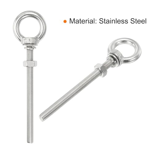 Image of uxcell M8*100 5 /16 inchx3.94 inch Stainless Steel Eye Bolts Threaded Screw Eyebolt Shoulder Ring with Nuts Washers for Lifting Hanging, 2 Set