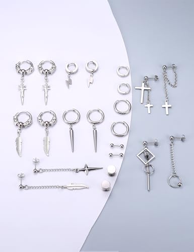 Fiasaso 22Pcs Dangle Earrings for Men Stainless Steel Hinged Hoop Earrings Long Chain Stud Cross Dangle Earrings Set Kpop Earrings for Mens Black, Silver and Gold3