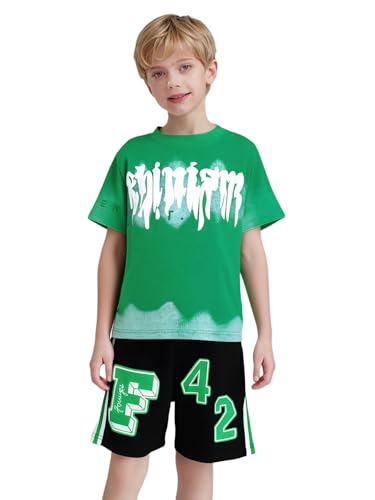 Kids Boys 2 Piece Sports Tracksuit Letter Print T-shirt And Shorts Set Breathable Sportswear Green 7-8 Years3