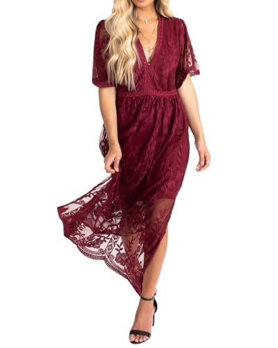 Image of Women V Neck Fall Floral Lace Maxi Wedding Dress Long Sleeve Wedding Guest Formal Party Dresses Wine Red