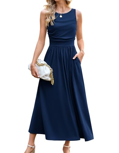 GRACE KARIN Sommerkleid Damen Rundhals Rüschen Tank Top Maxi Party Kleid Casual Hochzeit Boho Strandkleid Marineblau XXL