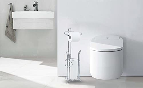SunnyPoint Freestanding Toilet Paper Holder with Storage – Holds 3 Spare Rolls, Heavy-Duty Steel, Chrome Finish, Easy Assembly, Space-Saving Bathroom Organizer