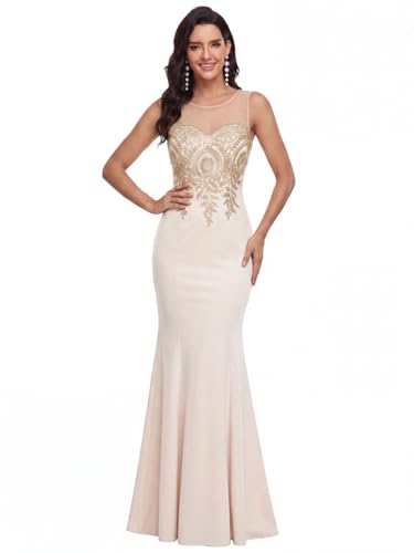 Women's Casual Gold Lace Appliques Sleeveless Mermaid Maxi Ivory Dress Summer Ruffle Gown, Ivory Size M