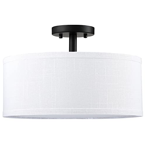 Dolaimi House 4 Light 20" Off White Fabric Drum Shade Semi Flush Mount Ceiling Light Black Finish,Kitchen Island Chandeliers Shade Bar, Dining Room, Corridor,Living Room Island Kitchen #TOP6
