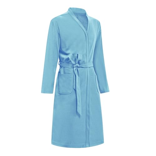 Women's Mens Waffle Bathrobe Lightweight Absorbent Breathable Bathrobe Solid Color Soft Long Spa Robes with Pockets