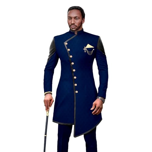 Men`s Suits African Clothes Slim Fit Single Breasted Full Sleeve Brooch PU Blazer and Pants Set