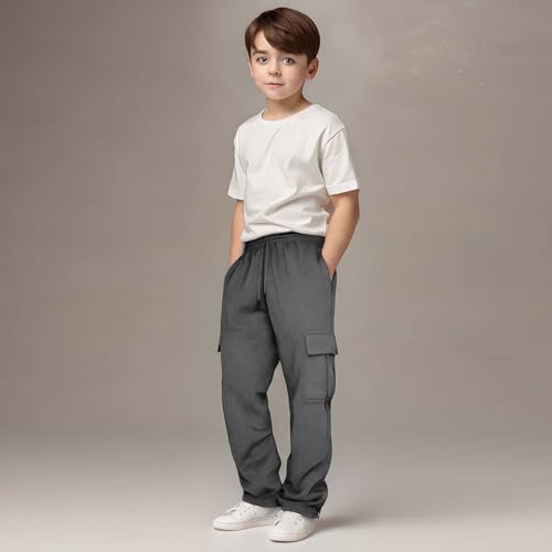 Youth Cargo Joggers Pants Elastic Waist Straight Sweatpants Boys Girls Fall School Warm Plain Long Pants with Pockets3