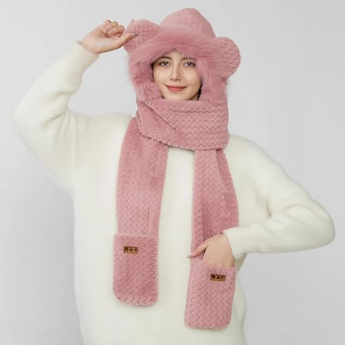 Hooded Scarf for Women Winter, Cute Bear Ear Hat Scarf 3 in 1 Faux Fur Gloves Set4