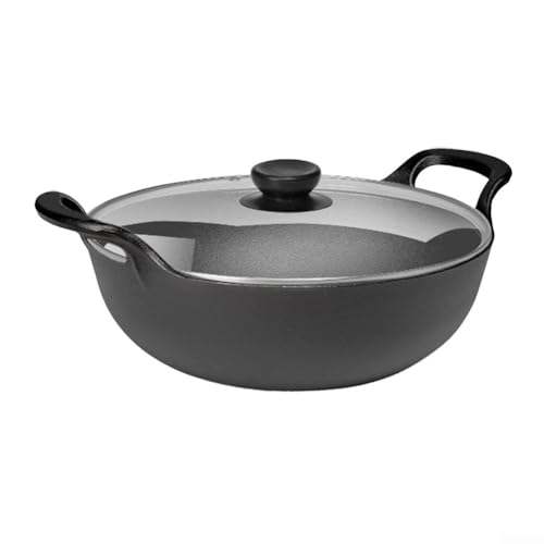 Oniissy Cast Iron Ingot Pot Double Ear Stew Pot Soup Pot Household Small Frying Pan Uncoated Non- for Slow Cooking and Braising(30cm pot + glass cover)