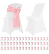 50 Sets Stretch Spandex Folding Chair Cover White and Satin Bows Chair Sashes Ribbon Ties, Washab...