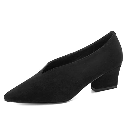 YDN Women Pointed Toe V-Cut Pumps Slip On Chunky Low Heels Formal Wear Outfit Shoes Size 4-15 US