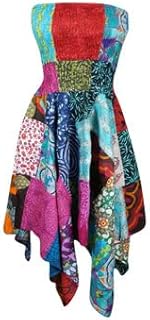 Mogul Interior Womens Hi Low Skirt Dress, Colorful Cotton Patchwork Summer Dress S/M
